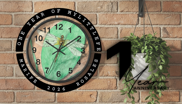 Dragonfly clock and hanging plant on brick wall with Text one year of mylittlefe Marife 2026 Rosales