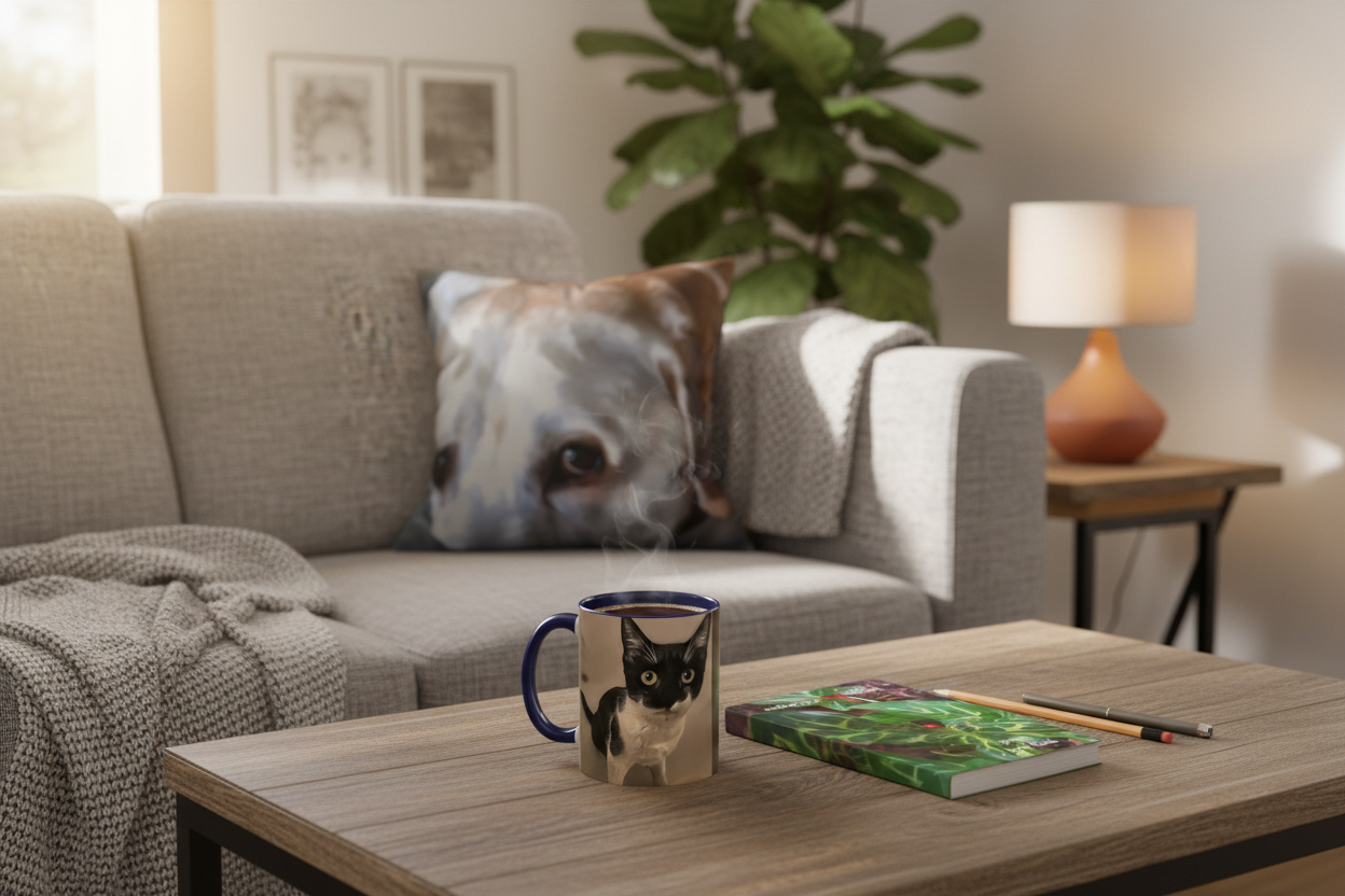 Cute kitten mug and ladybug journal on coffee table with dog illustration pillow on couch