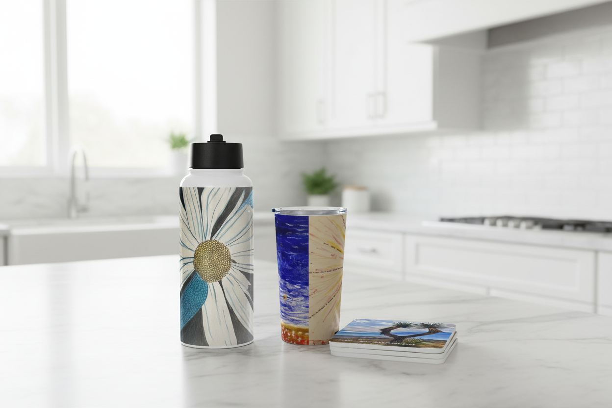 Daisy dragonfly water bottle, sunrise painting tumbler, and Joshua Tree coasters on kitchen counte