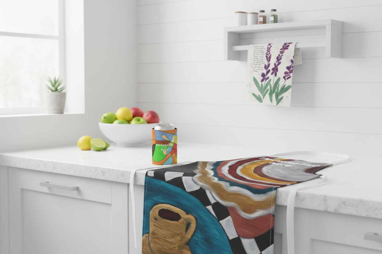 Woman at a Cafe apron, vibrant can cooler, and lavender tea towel in modern kitchen