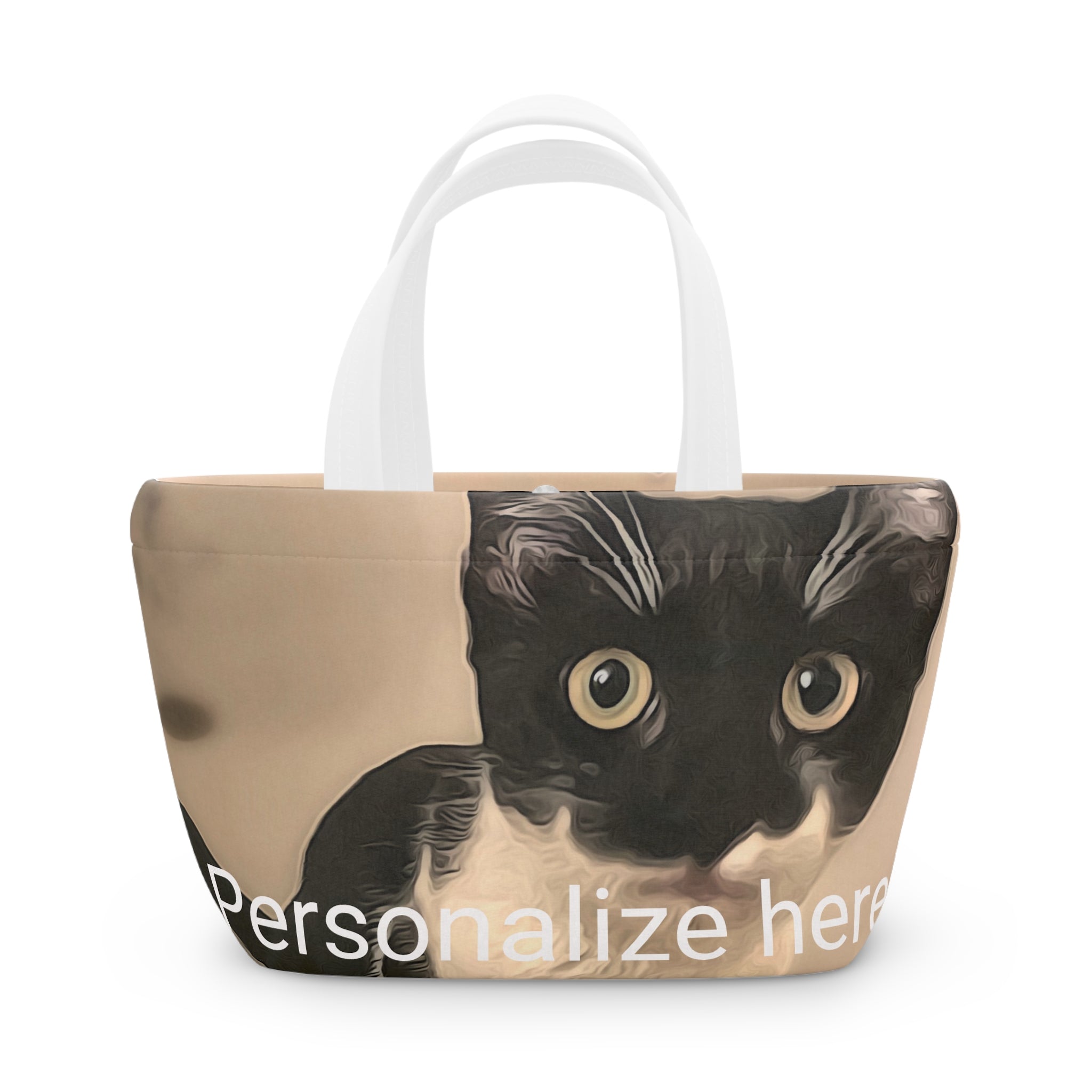 Tote bag with a cat design and 'Personalize here' text on a beige background