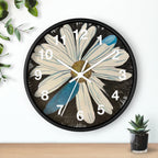 Decorative wall clock with a floral design on a white background