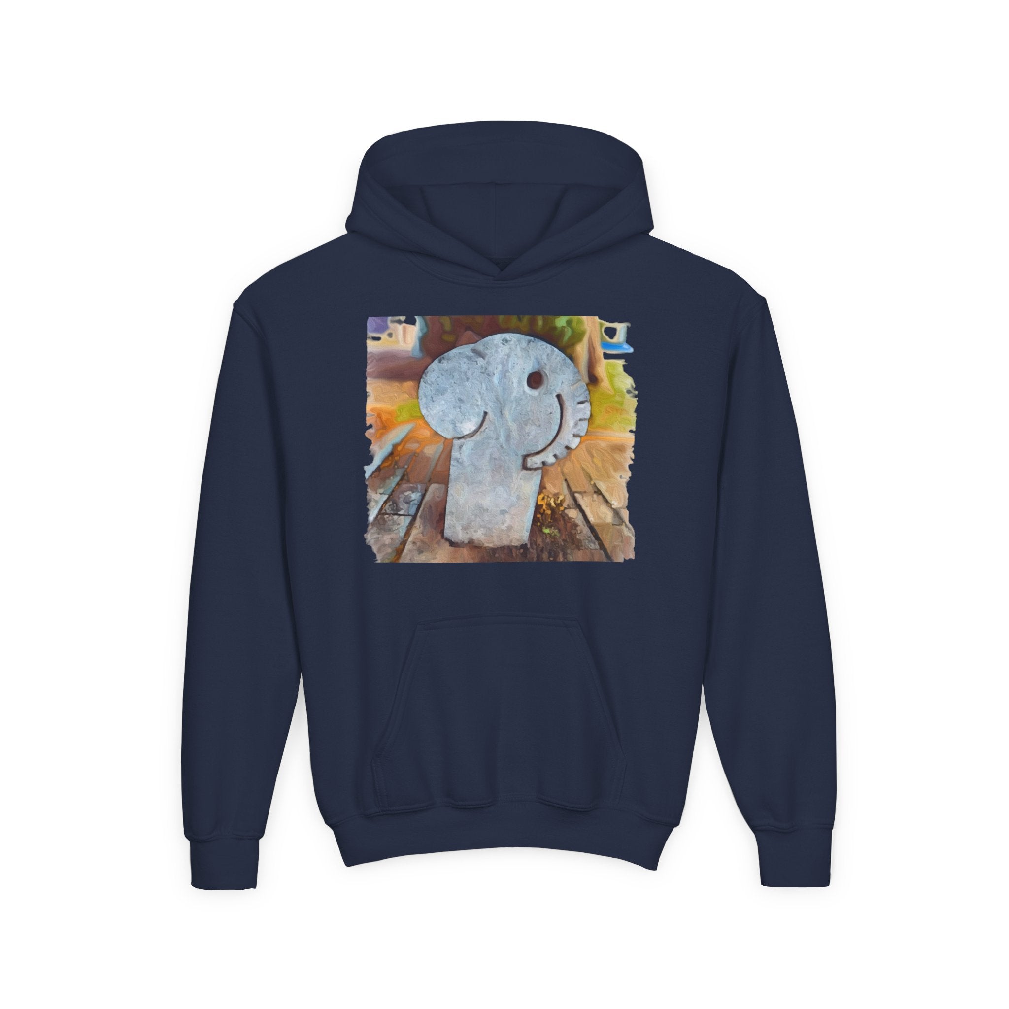 Navy blue hoodie with a graphic of park elephant on a white background