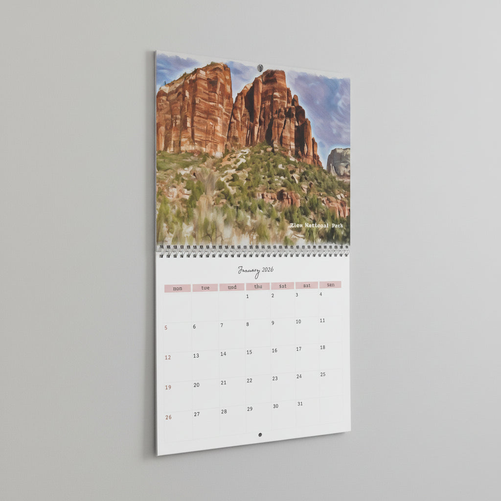 Calendar with a scenic view of red rock formations on a light gray background