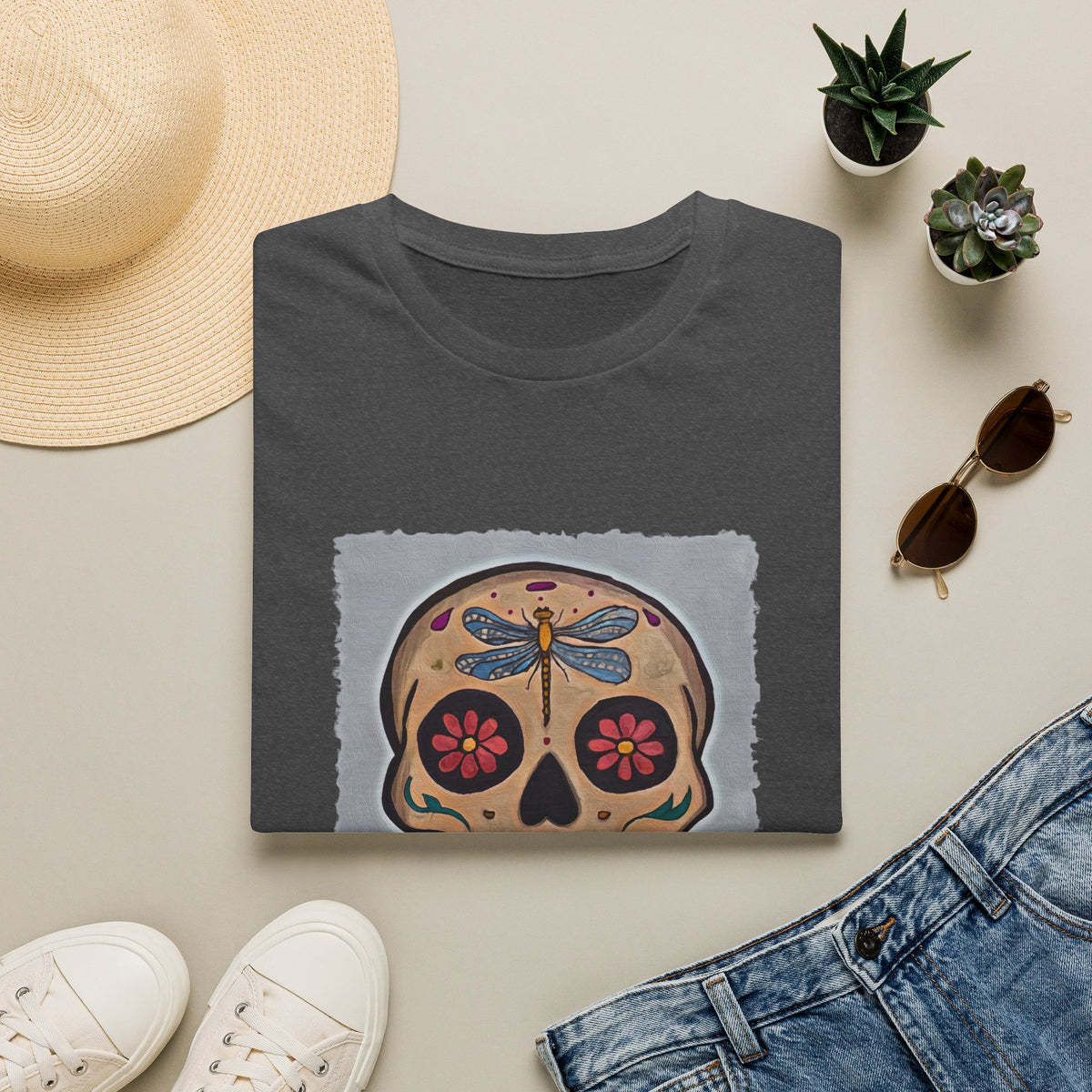 Shirt, Day of the Dead Sugar Skull - Dragonfly Floral Calavera Tee