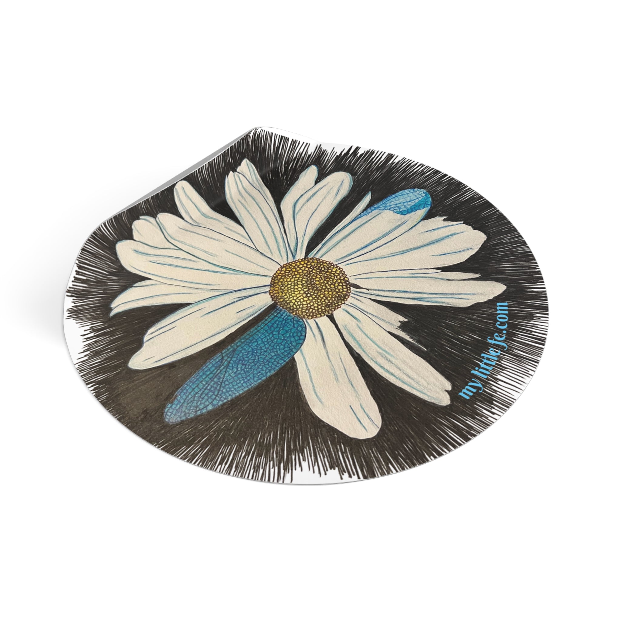 Lifted round sticker of a daisy with dragonfly petals design on a black background