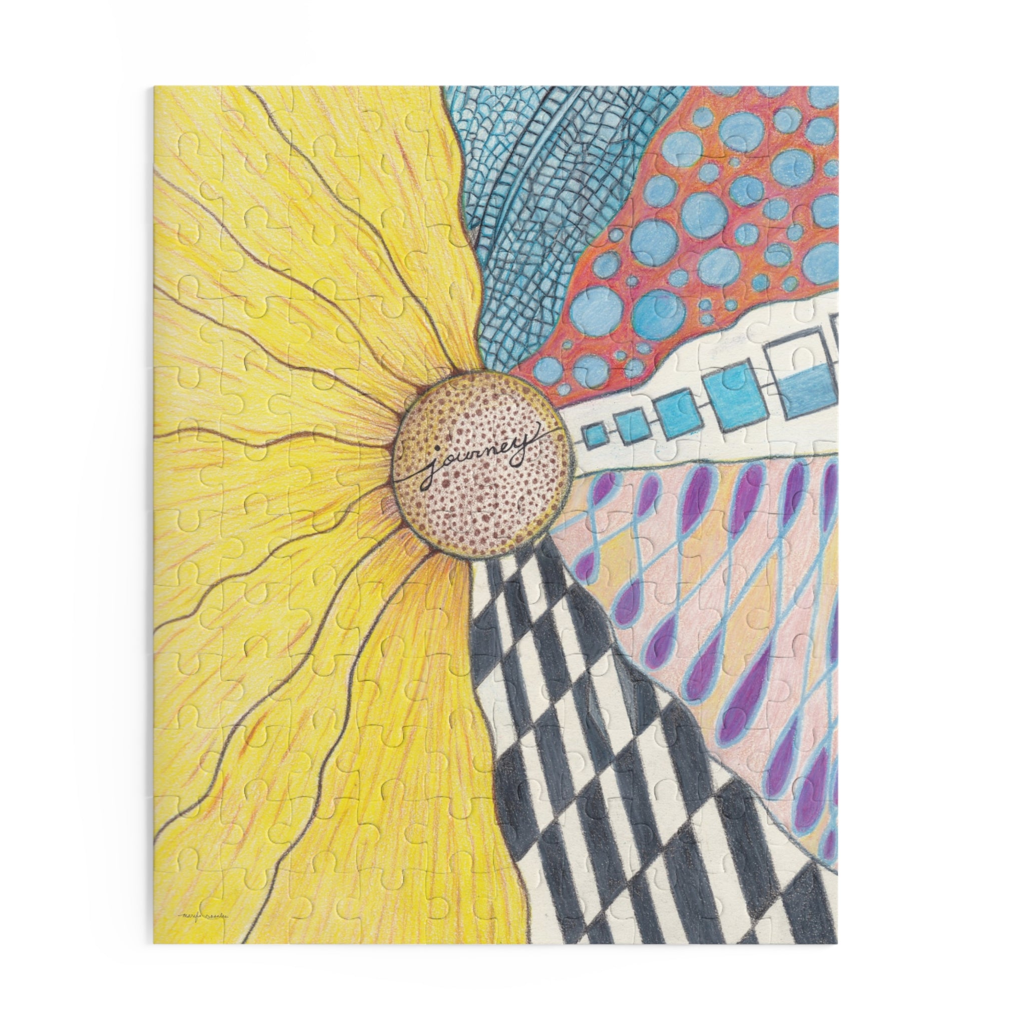Colorful zentangle design with a yellow flower-like shape on a white background