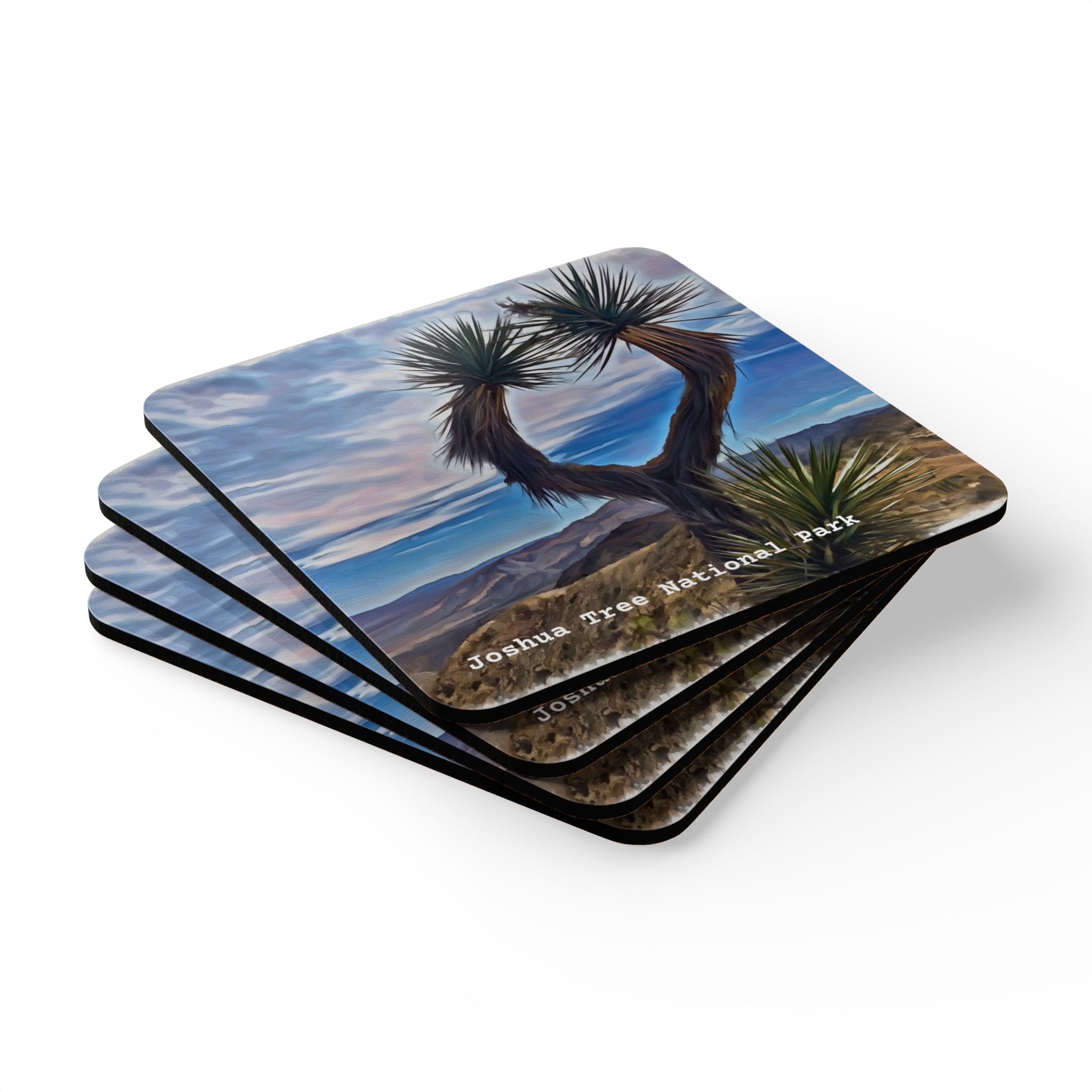 Set of four coasters with a Joshua Tree National Park design on a white background