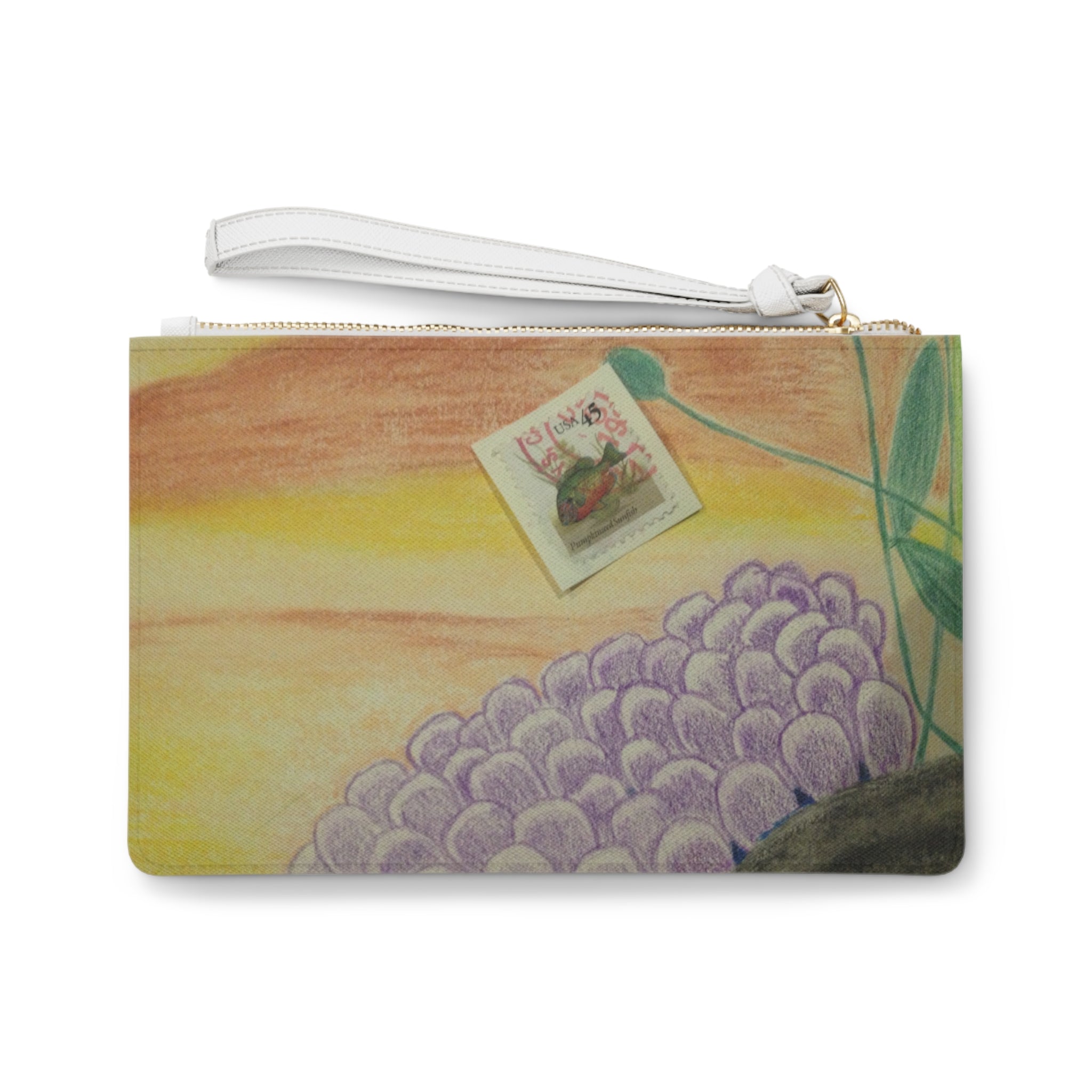 Pouch with floral design and postcard on a white background
