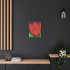Red tulip painting on a dark wall with wooden shelves and decor.