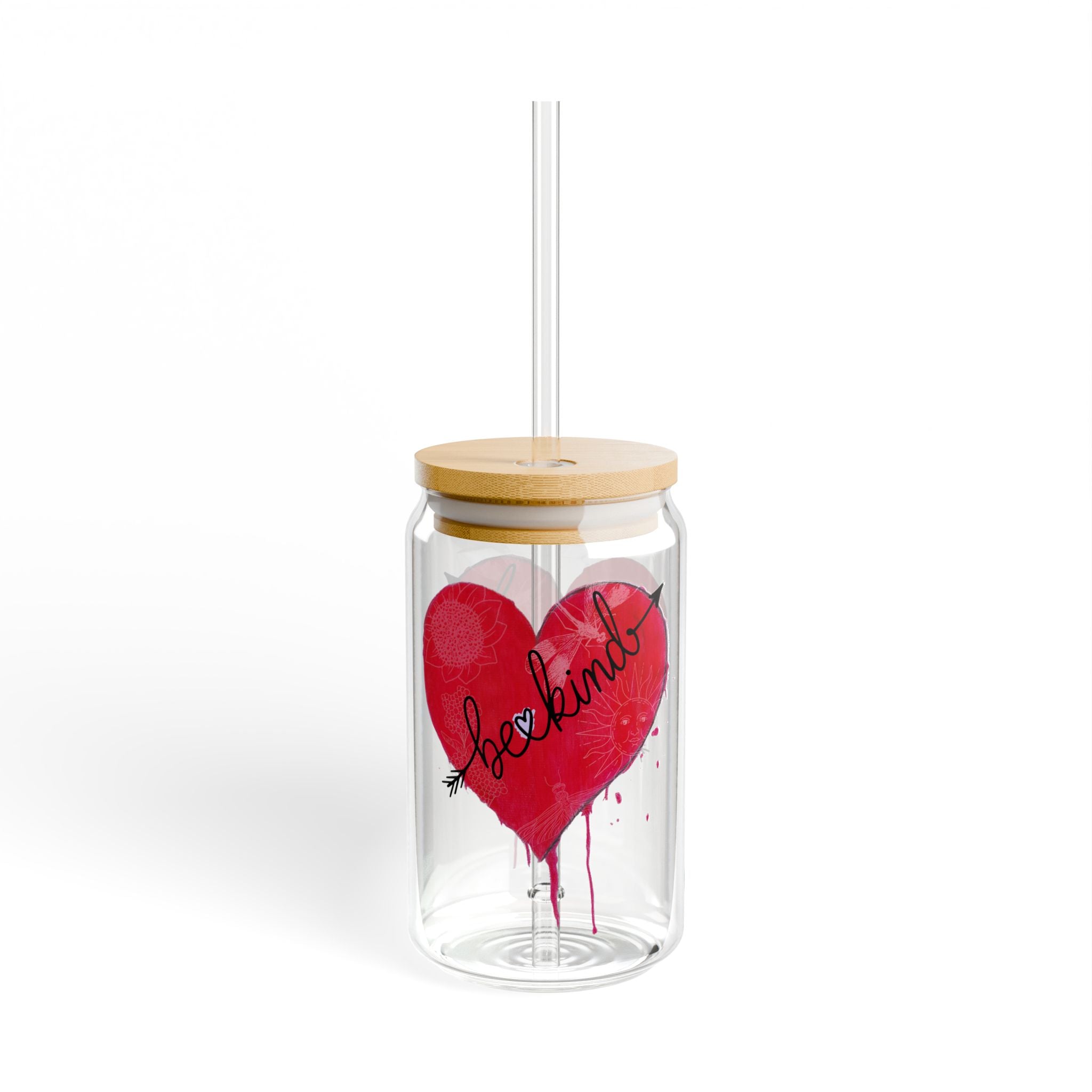 Clear tumbler with a red heart design and wooden lid on a white background