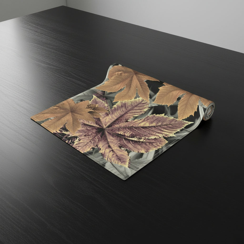 rolled fabric table runner  with leaf design on a black table