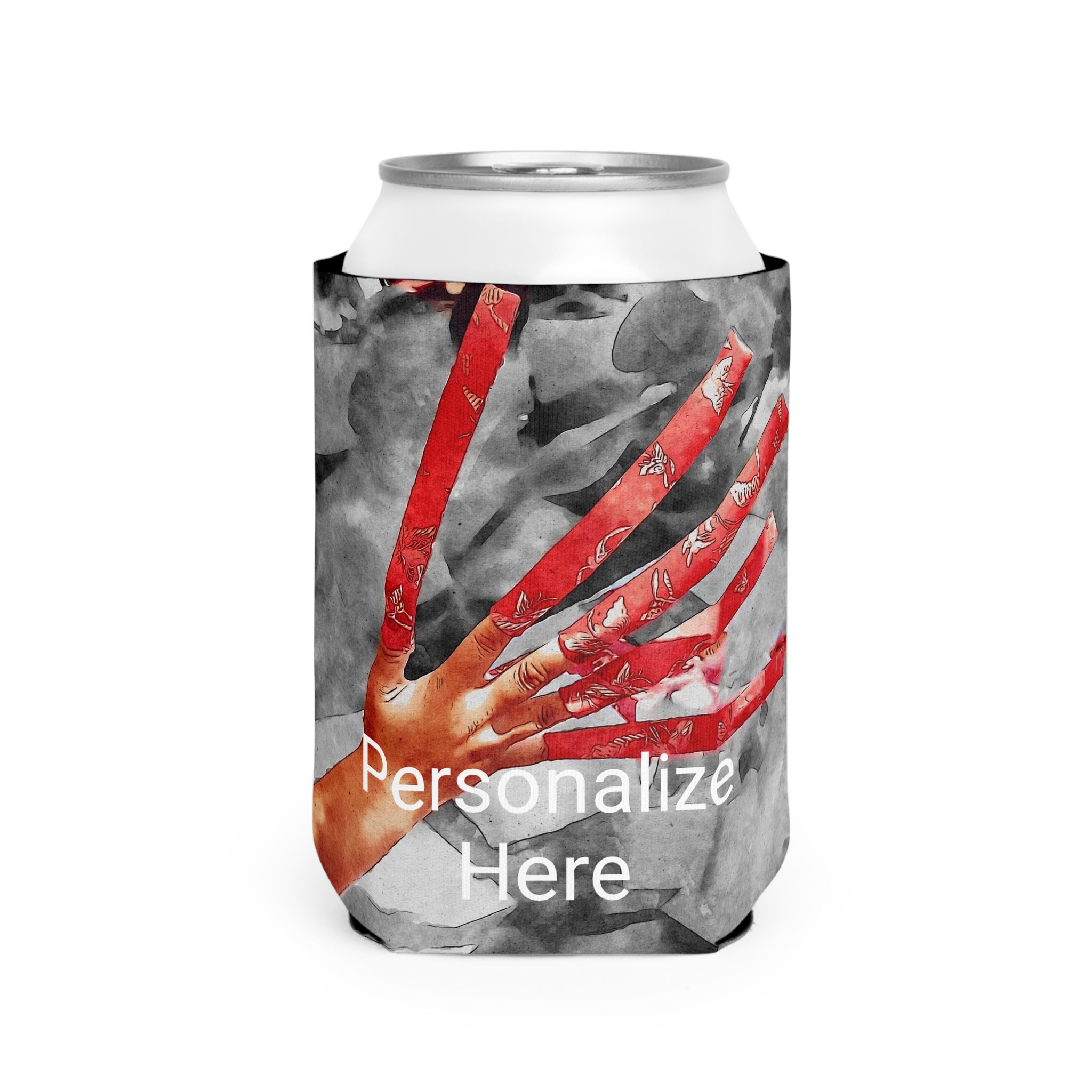 Can cooler with red bandana design and text 'Personalize Here' on a white background