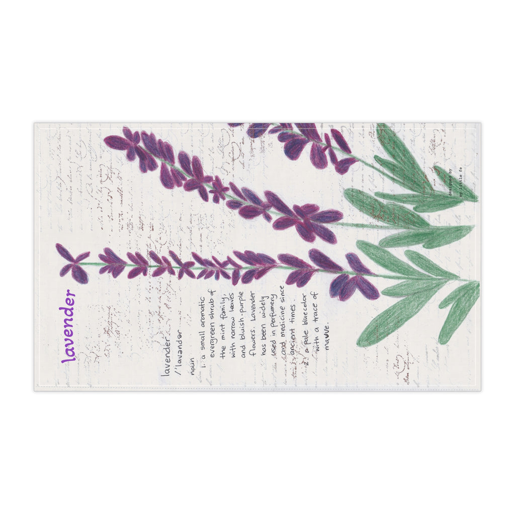 Decorative mat with lavender design and text on a white background