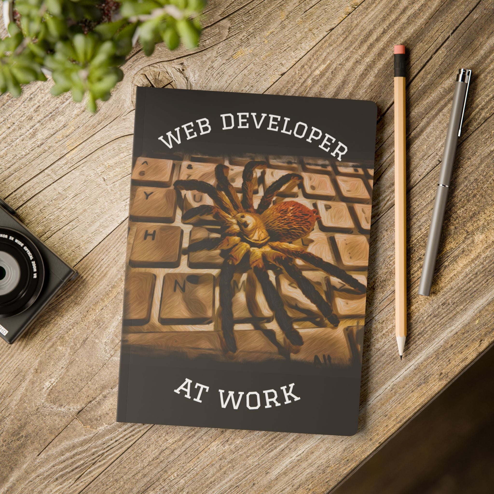 Notebook with a spider illustration and 'Web Developer at Work' text on a wooden surface with stationery items.