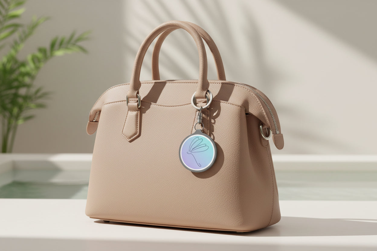 Keychain with a gradient design and a clip on a white background