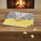 Colorful puzzle with a sunflower design on a table with fireplace in the background