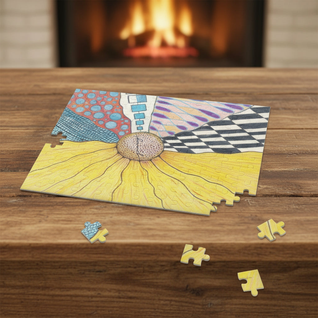 Colorful puzzle with a sunflower design on a table with fireplace in the background