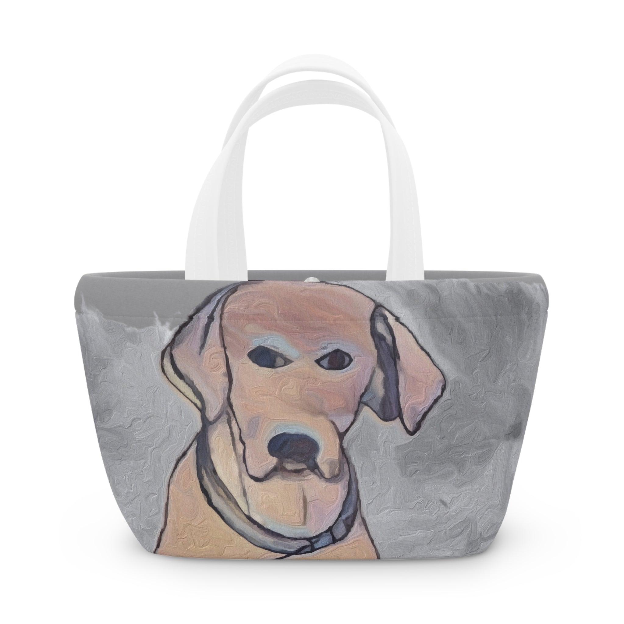 Tote bag with a dog's face design on a gray background