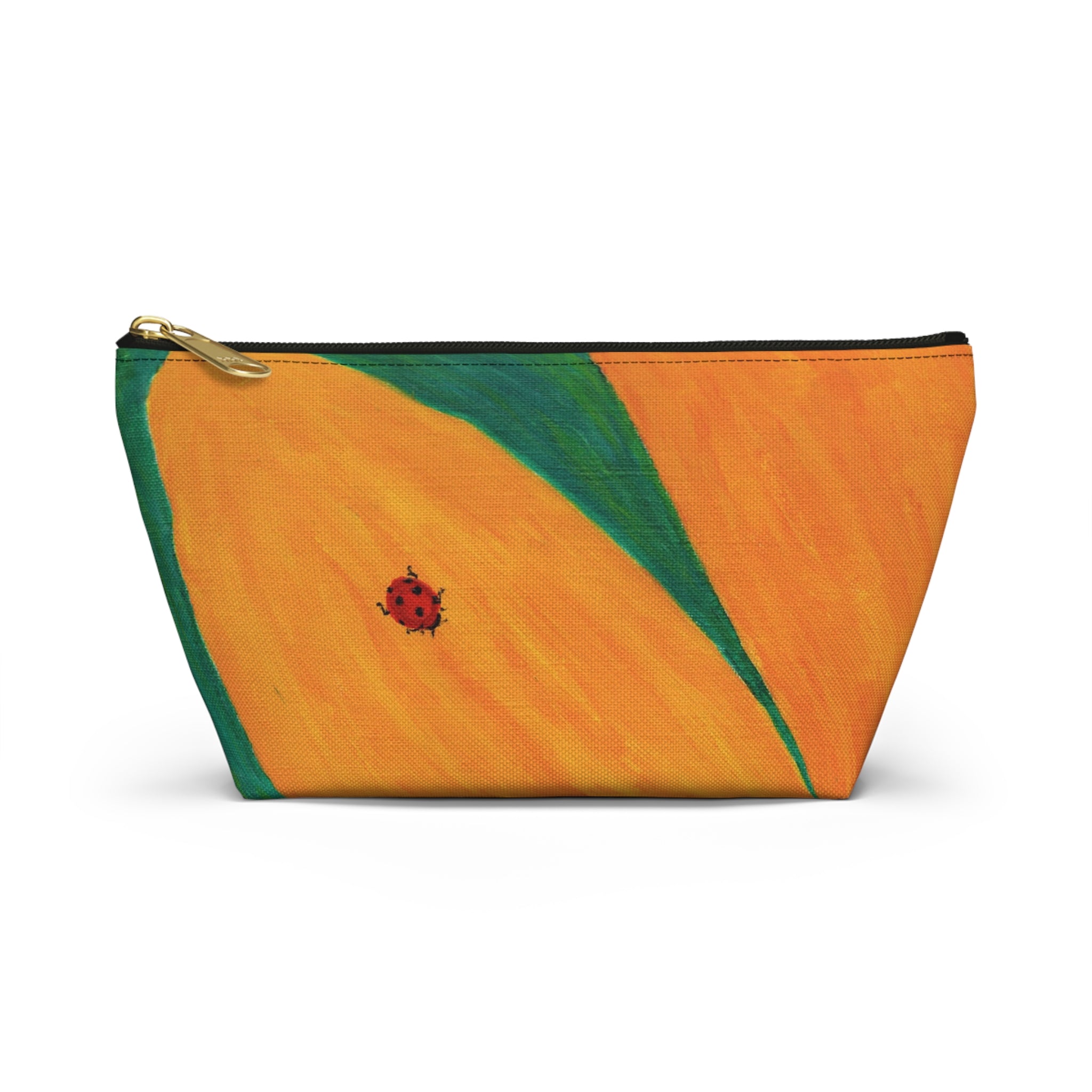 Orange pouch with a green leaf design and a ladybug on a white background
