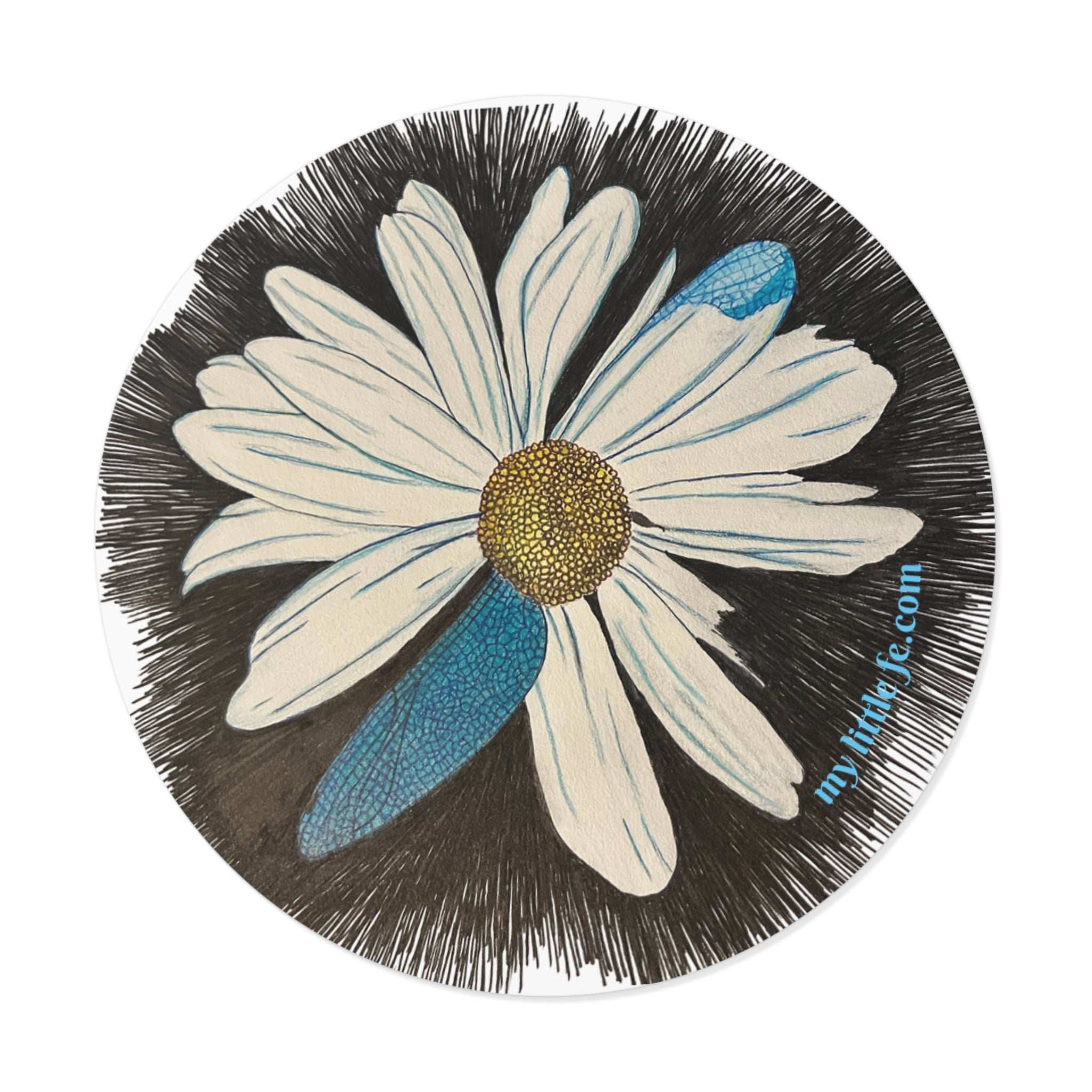 Round sticker with a daisy with dragonfly petals design on a black background