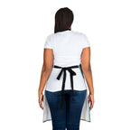 Person wearing a white apron with a black belt on a white background