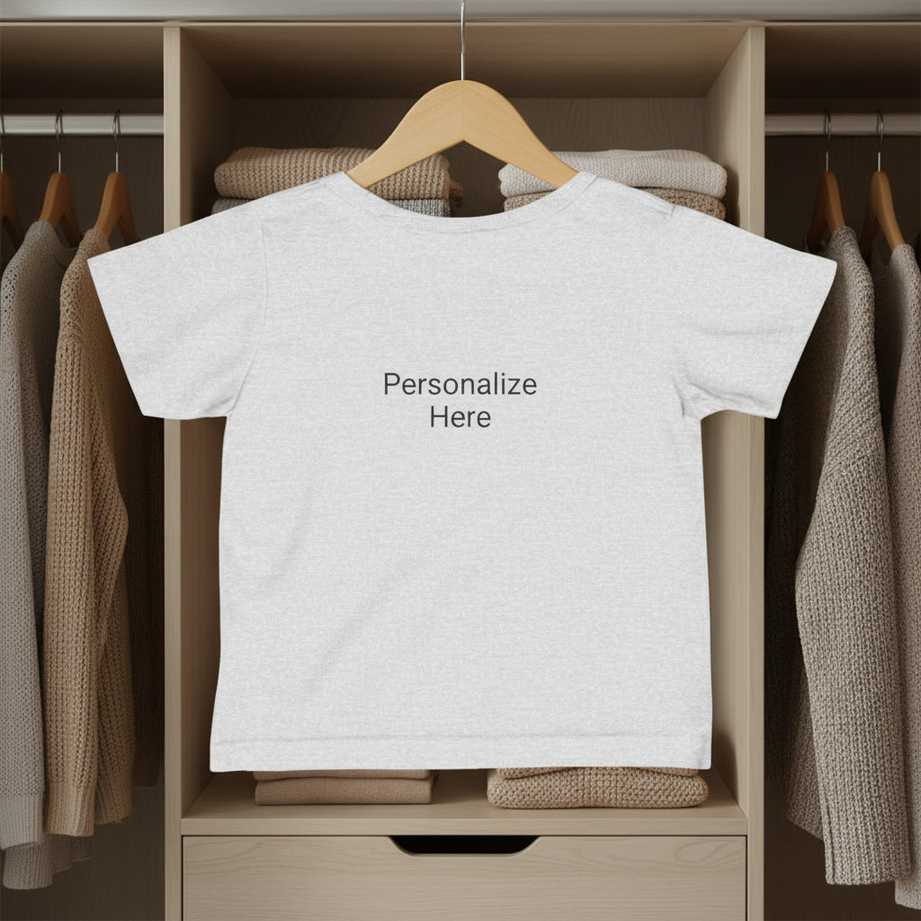 Gray kid t-shirt hanging in a closet with 'Personalize Here' text