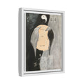 A framed art print featuring a surreal illustration of two birds with peach-colored bodies, set against a black and textured gray background with a yin-yang symbol and Chinese characters. The print is housed in a modern white floating frame and shown at a three-quarter angle on a white background.