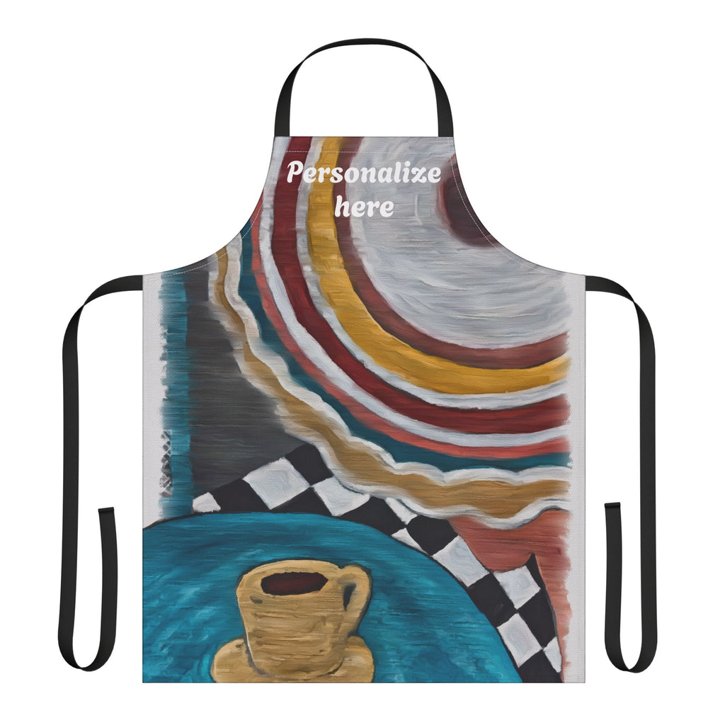 Colorful apron with a design of a Woman at a cafe with a cup and saucer on a white background
