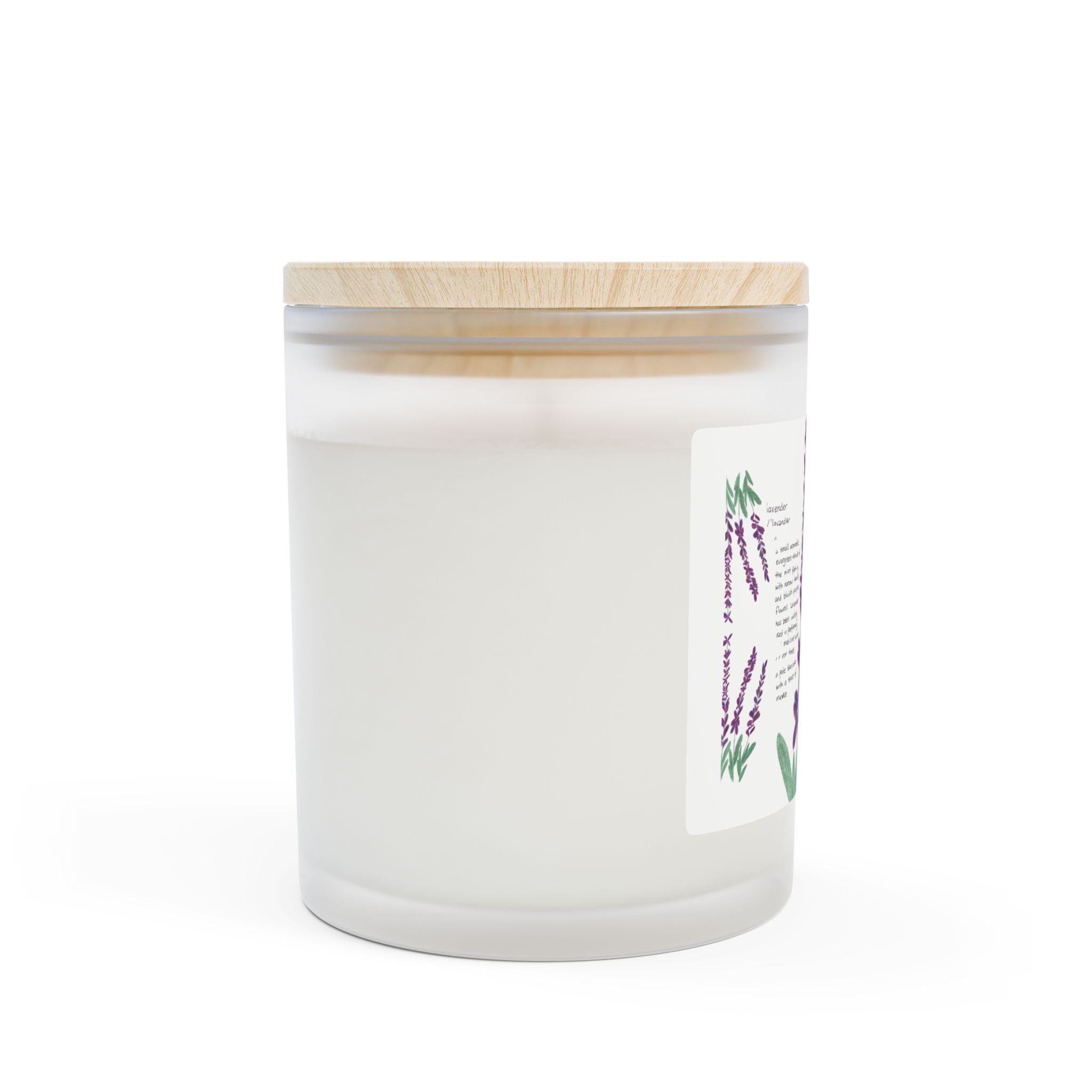 Candle, Lavender Plant Drawing — Frosted Glass | Wooden Wick
