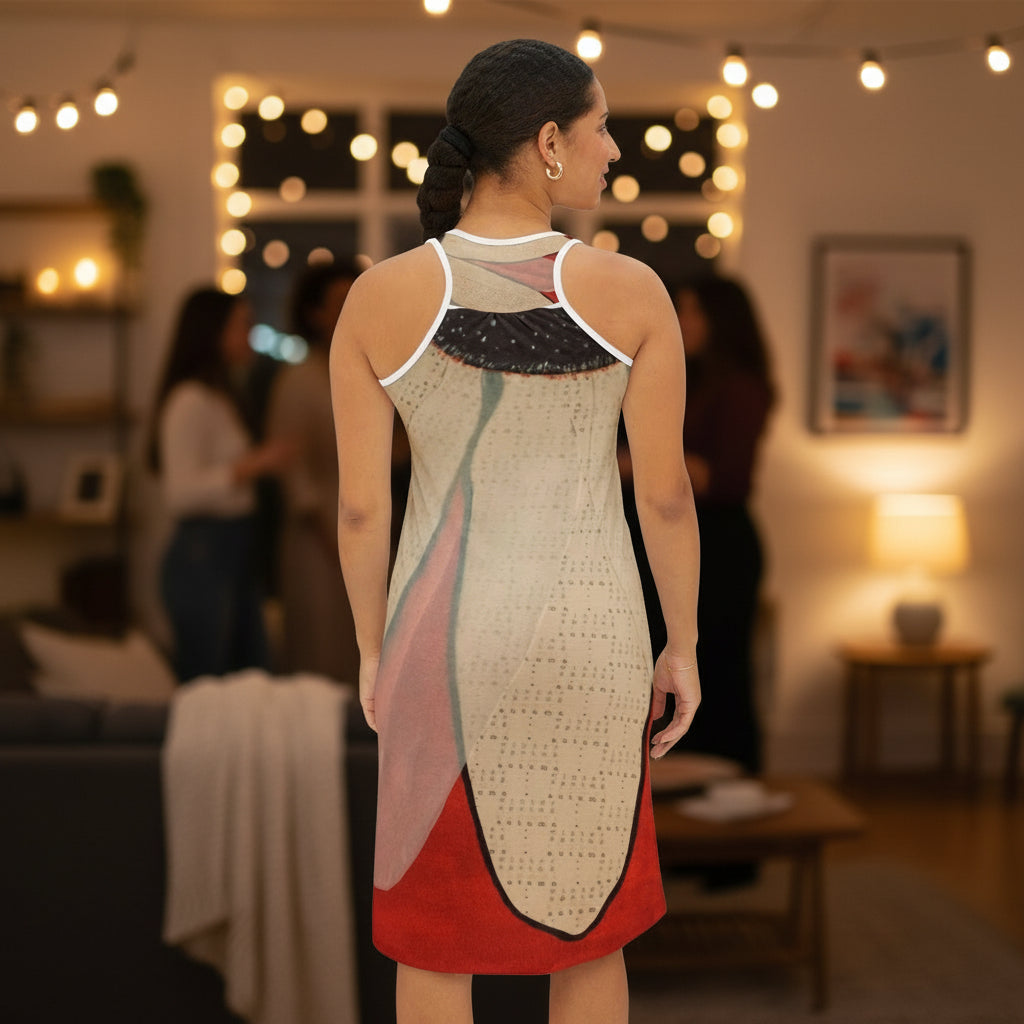Woman wearing a dress with a geometric pattern at a house party