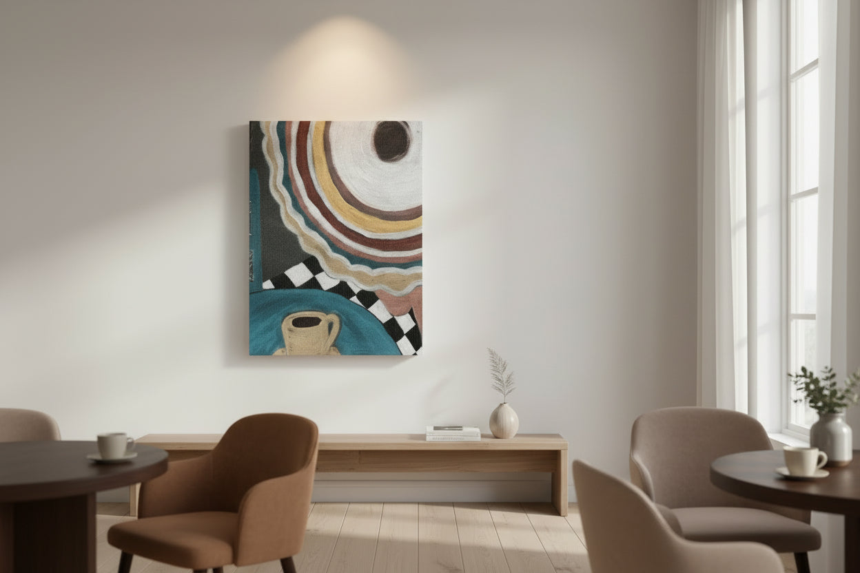 Woman with a hat at a cafe artwork with a yellow coffee cup with a window to the side and seating around