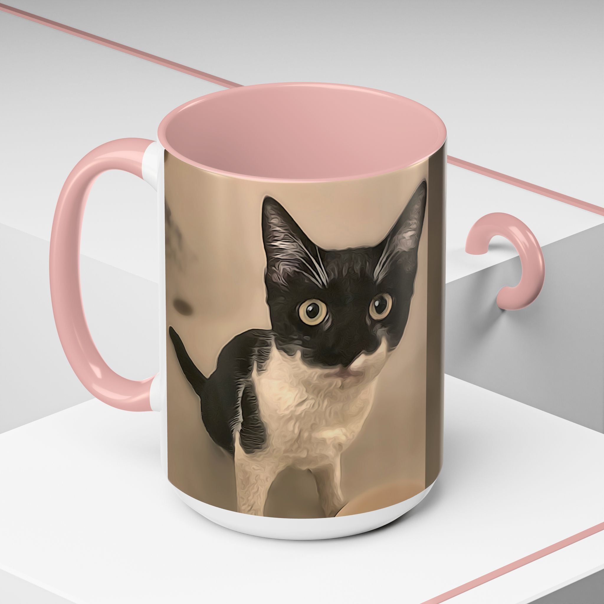 Mug with a black and white cat design on a pink interior