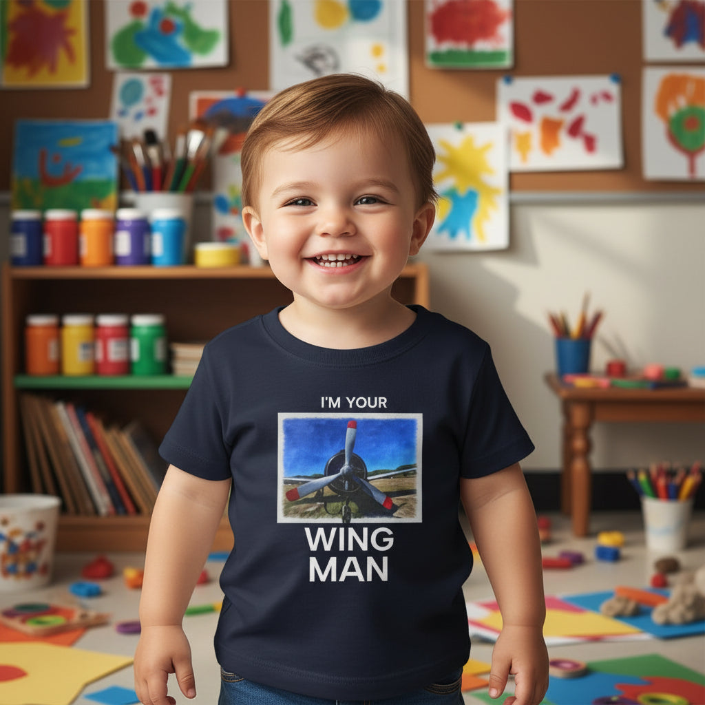 Kid wearing a navy t-shirt with airplace propeller design and text 'I'm your wing man' on an artroom background