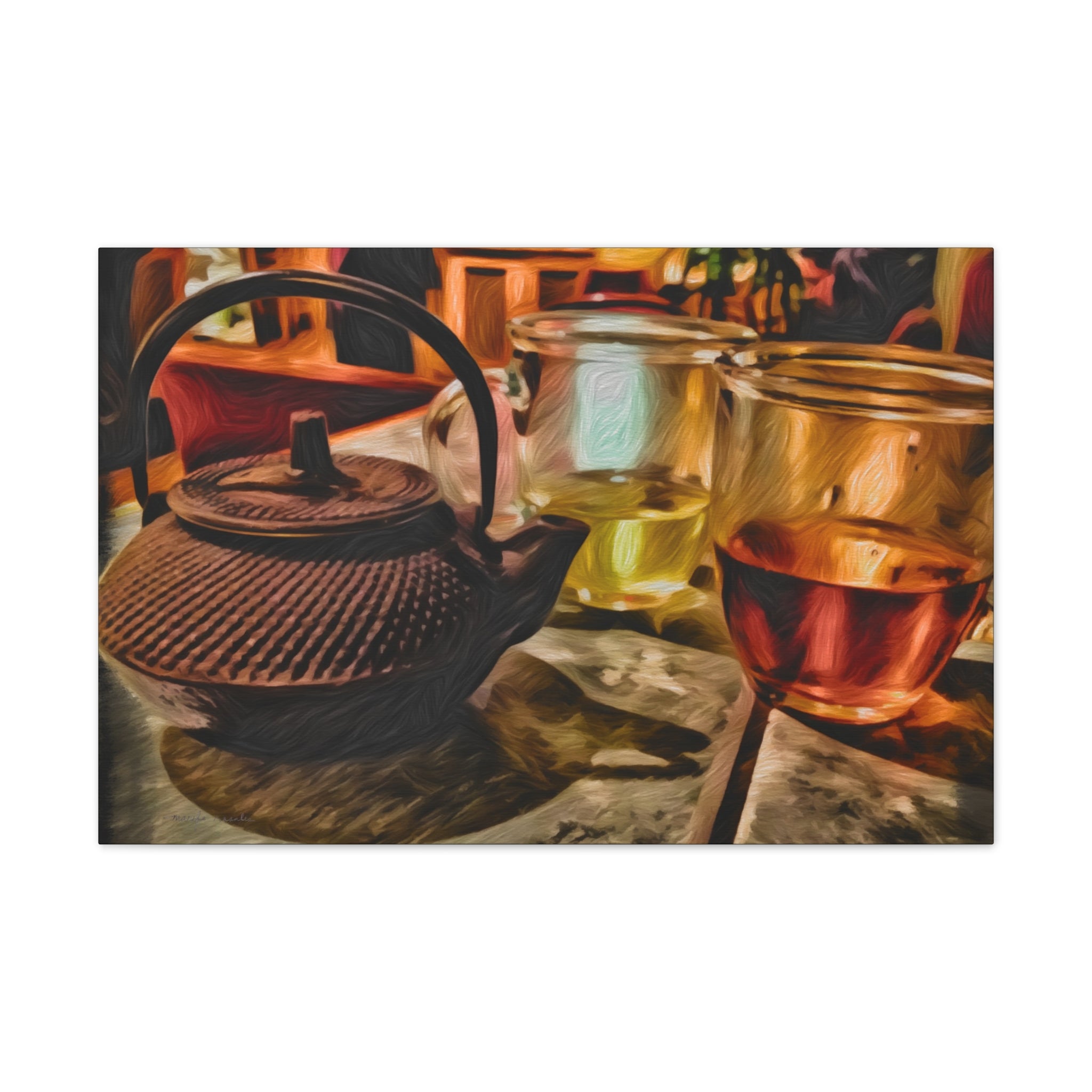 Tea pot and two glasses of tea on a wooden surface