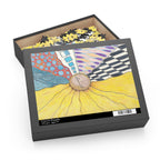 Jigsaw puzzle box with a colorful sunflower design on the lid