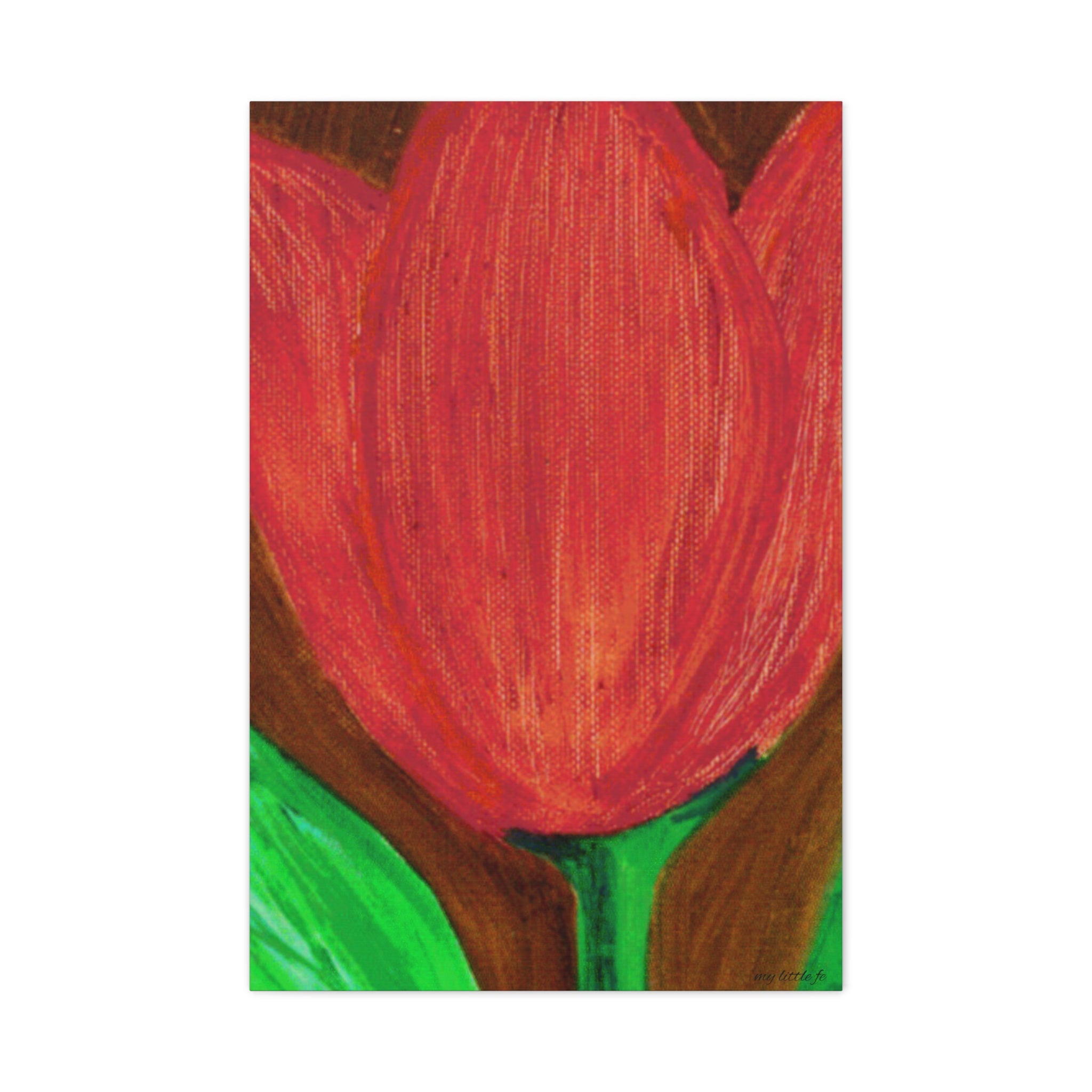 Painting of a red tulip with a green stem on a white background