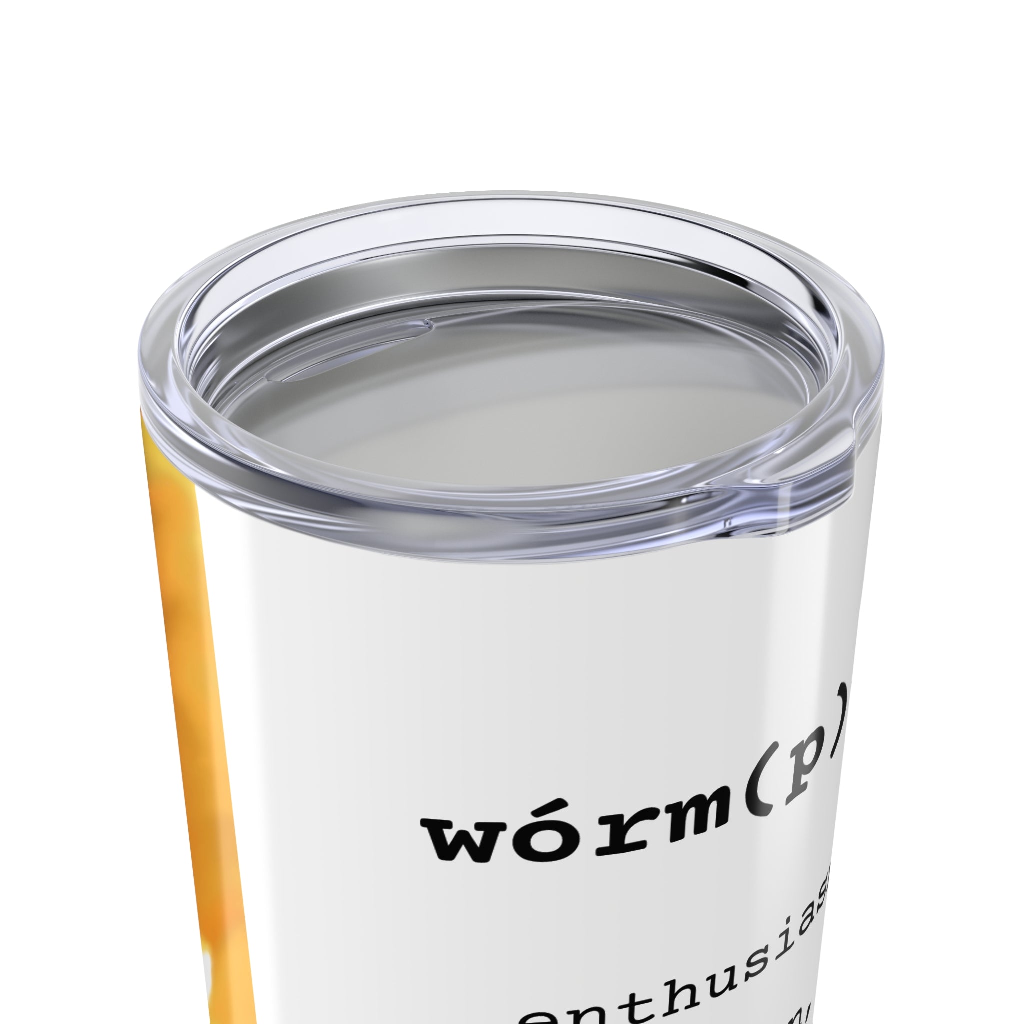 Clear tumbler with a silver lid and text on a white background