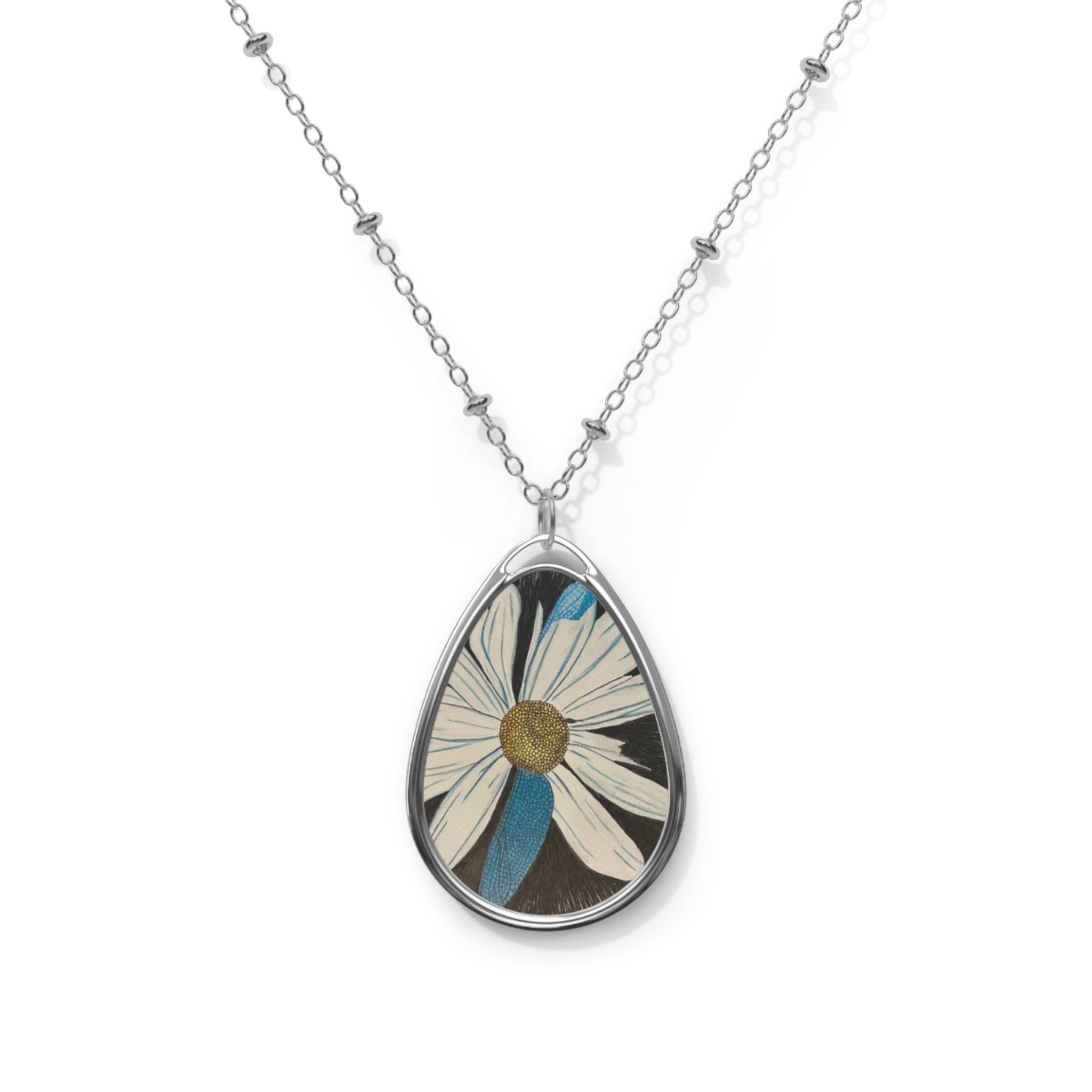 Jewelry, Oval Necklace - White Daisy Dragonfly Wings Pendant