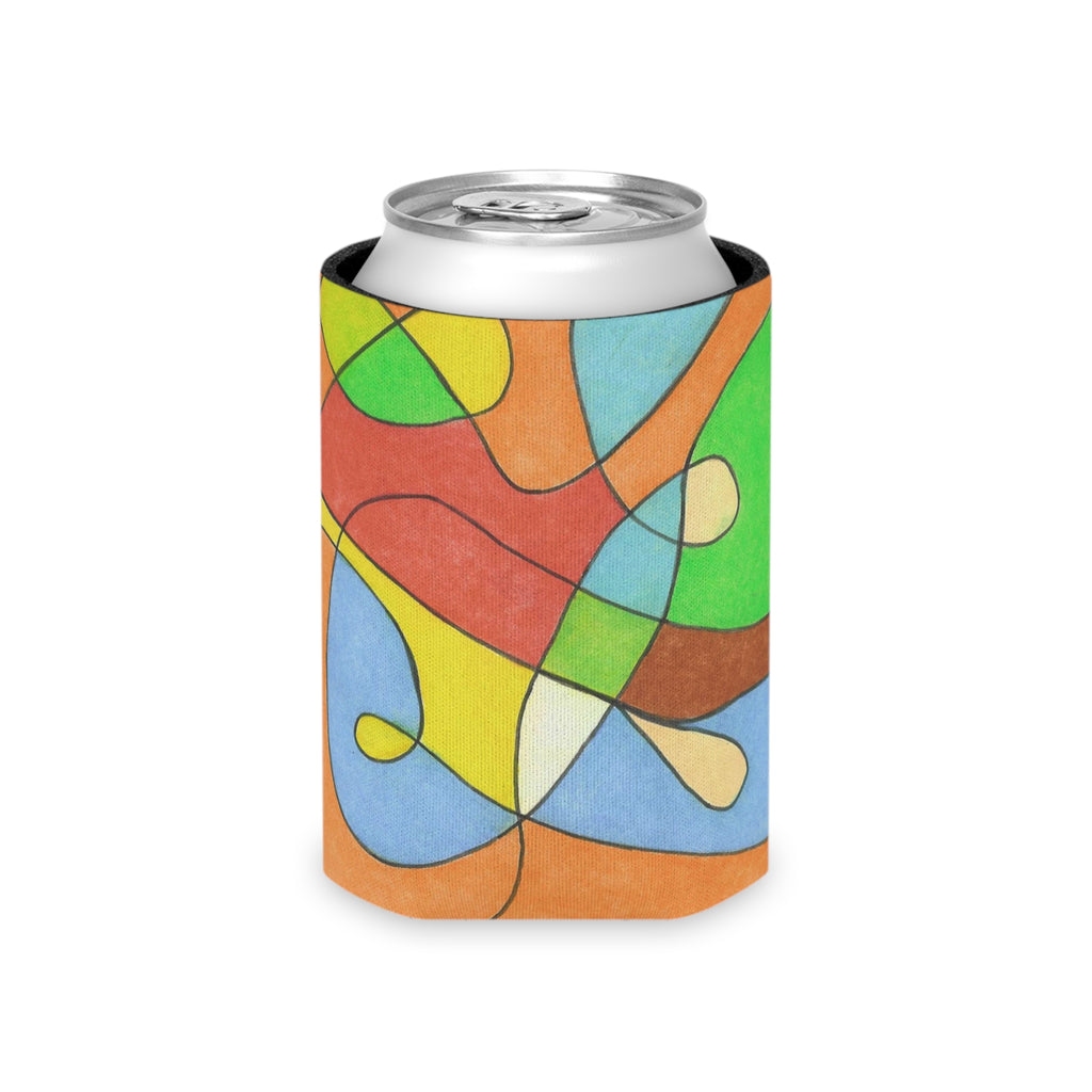 Colorful can cooler with abstract design on a white background