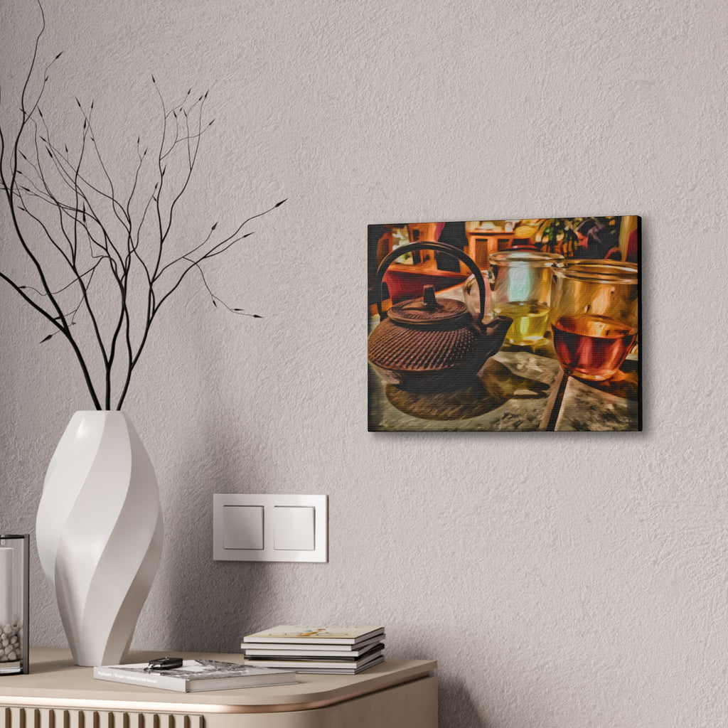 Tea set painting on a wall above a table with a vase and books.
