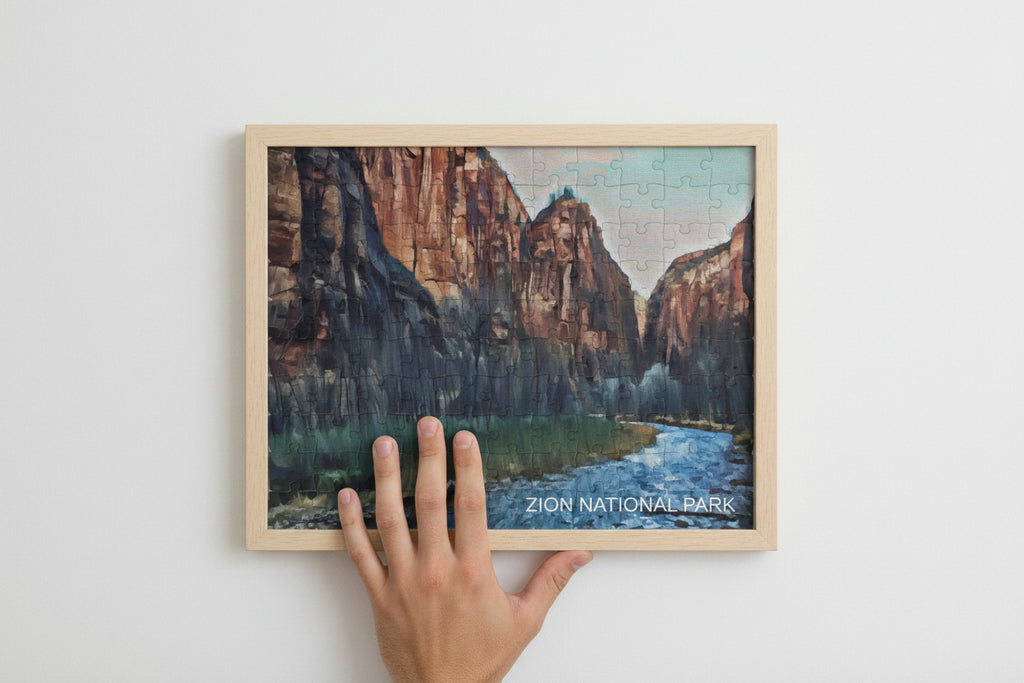 Jigsaw puzzle with a scenic view of Zion National Park featuring cliffs and a river.