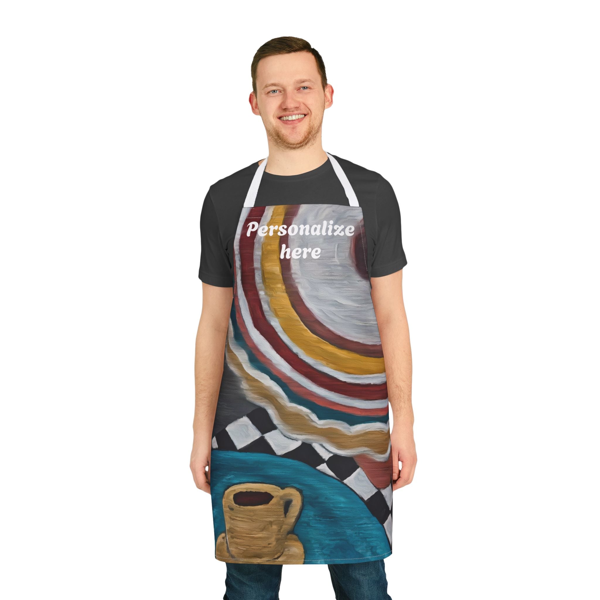 Man wearing a colorful apron with customizable text on a white background