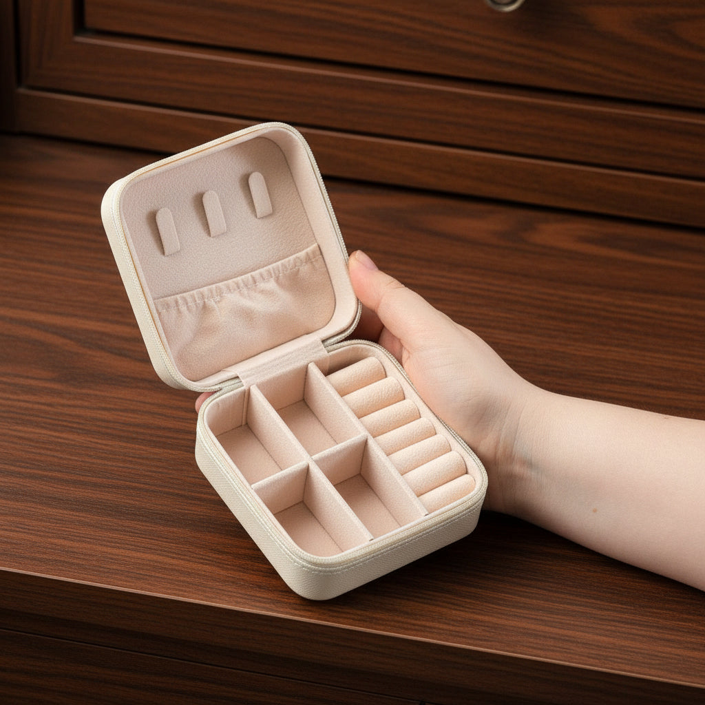 Beige jewelry case with compartments held open by a hand on a dark brown dresser