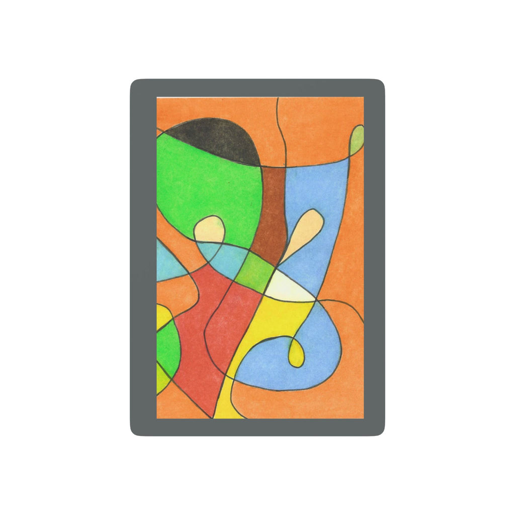 Colorful abstract design on a rectangular card with a gray border.