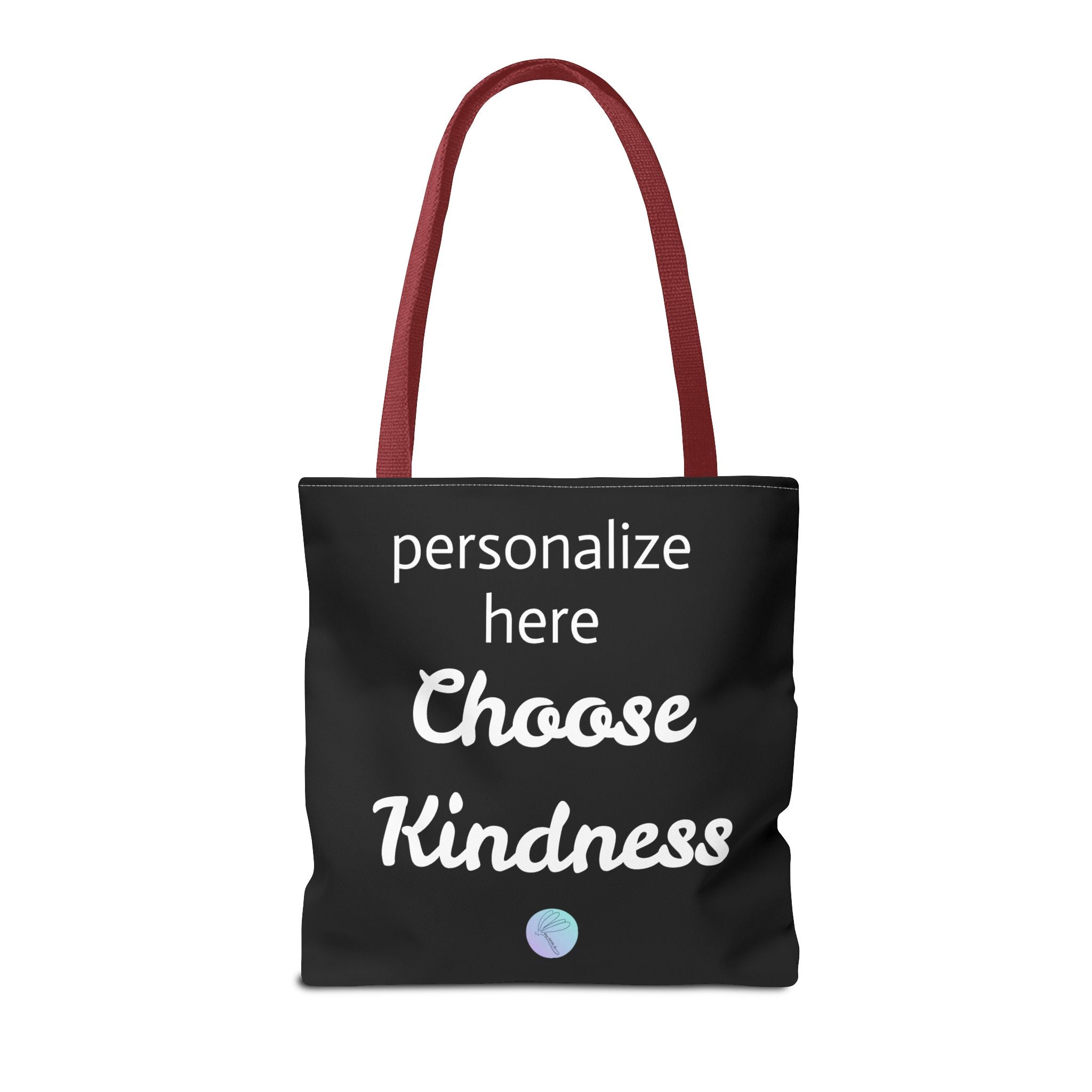 Black tote bag with 'Choose Kindness' text and customizable area on a white background