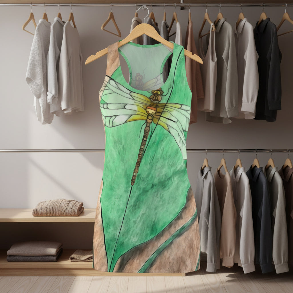 Green racerback dress with a dragonfly design hanging in a closet