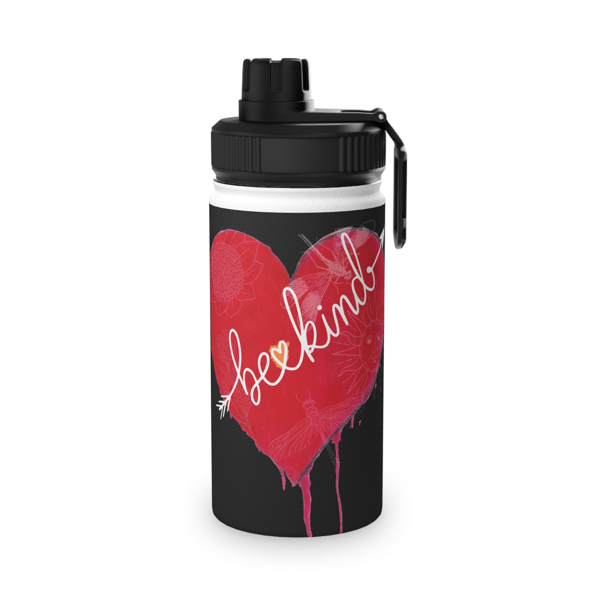 Water bottle with red heart and 'be kind' text on a black background