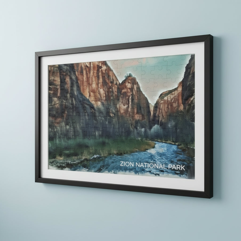  Framed jigsaw puzzle with Zion National Park design featuring cliffs and water hung on a light blue wall