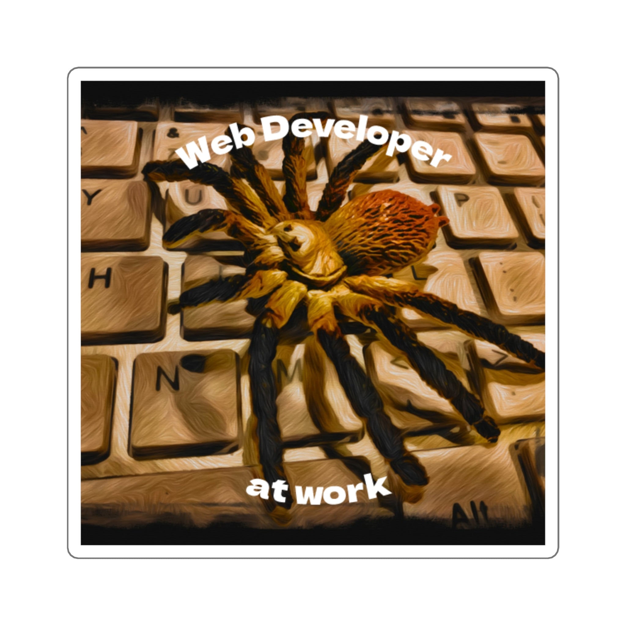 Spider on a keyboard with text 'Web Developer at work' on a white background